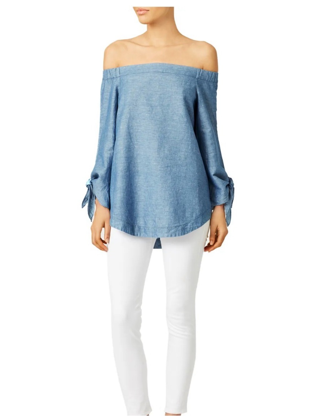 NWOT Free People Sz S Light Blue Off-Shoulder Tie-Sleeve Tunic Top